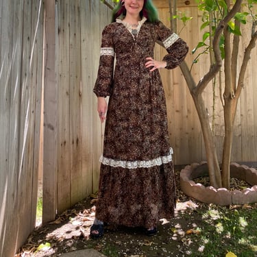 Vintage 1970’s Brown Floral Prairie Maxi Dress 