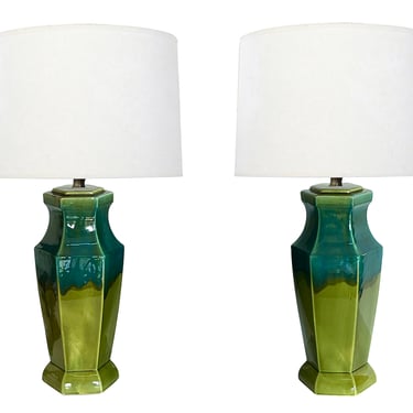 Pair of 1960s Olive and Teal Drip Glaze Hexagonal Lamps