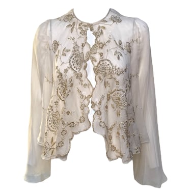 1980's Cream Silk Chiffon Angel Sleeve Gold Embroidered Blouse