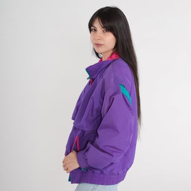 Purple Puffer Jacket 90s Ski Jacket Zip Snap Up Bomber Puffy Coat Winter Jacket Puff Green Pink Retro Skiwear Nylon Vintage 1990s Large L 