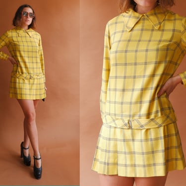 1960s Mod Dress Summer Style White Windowpane Plaid Stacy Ames / 60s Drop  Waist Sleeveless Dress Pleated Skirt / M