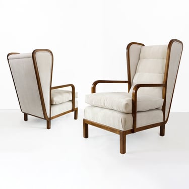 Pair of Swedish Art Deco Wingback upholstered  armchairs, from the Olle Engkvist estate.