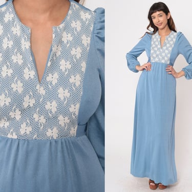 70s Prairie Dress Blue Lace Bib Victorian Maxi Boho V Neck Long Puff Sleeve 1970s Bohemian Long Cottagecore Formal Prom Hippie Small 