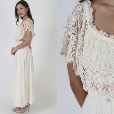 Sheer Lace Capelet Bodice Dress / Vintage 70s Off White Disco Outfit / Off Shoulder Simple Solid Color Midi Maxi 
