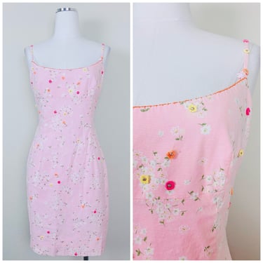 1990s Vintage Cotton and Spandex Pastel Floral Mini Dress / 90s / Pink Spaghetti Strap Flower Rhinestone Applique Dress / Size Medium 