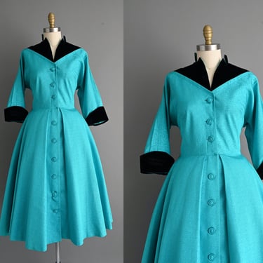 1950s vintage dress | Grosgrain Turquoise Blue Dress | Large XL | 