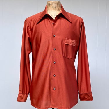 Vintage 1970s Men's Burnt Orange Qiana Disco Shirt, 70s Van Heusen Slinky Nylon Dress Shirt, X-Large 48" Chest 
