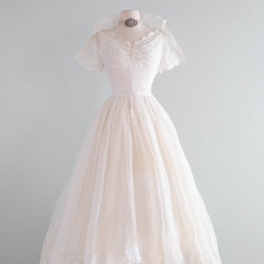 Classic 1950's Embroidered Cotton Organdy Ballet Length Wedding Dress / Small