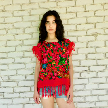 Rose Blouse // vintage 70s boho cropped crop top dress hippie red 70's 1970's 1970s fabric scarf hippy // S/M 