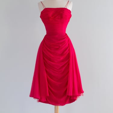 Iconic 1950's Ceil Chapman Berry Pink Silk Chiffon Cocktail Dress / XS