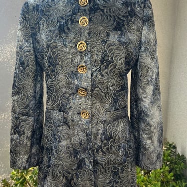 Vintage Y2K MMF Collection Mary McFadden formal jacket grey gold brocade Sz 12 