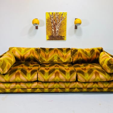 Mid Century Modern Jack Lenor Larson Style Milo Baughman for International Furniture Co. Geometric Tuxedo Sofa 