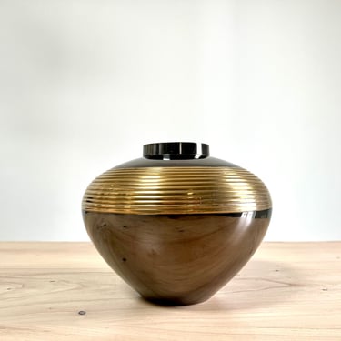 Vintage Post Modern Large Brass Vase, Large Solid Two Toned Brass Ribbed Vase 
