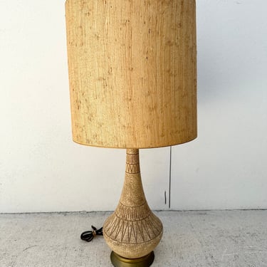 Large Mcm Pottery Lamp With Geometric Sgruffito And Fiber Textured Shade