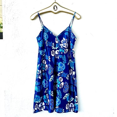 Vintage 90s Hawaiian Blue Floral Dress 1990s Hawaii Swim Tank Dress 