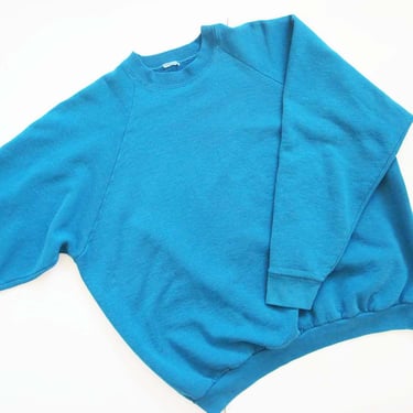Vintage 80s Turquoise Blue Raglan Sweatshirt L  - 1980s Solid Color Baggy Crewneck Pullover Sweater 