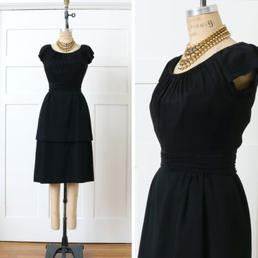 vintage early 1960s elegant Little Black Dress by Samuel Winston • silk jersey chiffon & fine wool tired skirt cocktail formal dress 