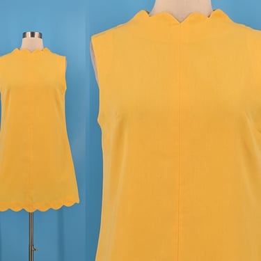 Vintage Sixties Yellow Mod Mini Shift Dress with Scallop Trim - Small 60s Sleeveless Mod Dress 