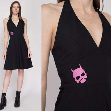 XS Y2K Devil Skull Black & Pink Embroidered Halter Dress | Gothic Vintage Fit Flare Rocker Party Dress 