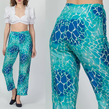 Vintage Blue Speckled Water Pattern Silk Trousers, As Is - Small, 27" | 70s 80s Maximalist High Waisted Tapered Leg Pants 