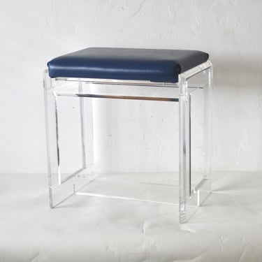 Charles Hollis Jones Style Mid-Century Modern Sculptural Lucite Blue Faux Leather Padded Seat Stool Bench 