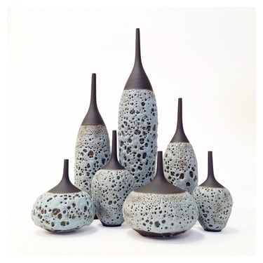 Ceramic Bottle Collection - Set of 7 Large Raw Black Stoneware Vases with Light Blue Lava Crater Glaze - textural minimalist modern decor 