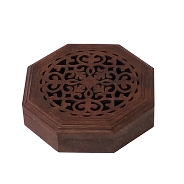 Small Brown Wood Octagonal Carving Storage Accent Box ws2629E 