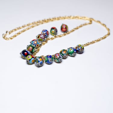 Vintage Millefiori Bead Necklace on a Long Chain 