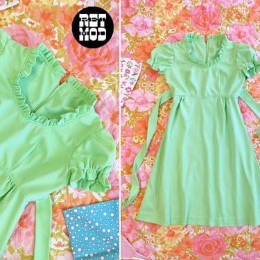 Sweet Vintage 60s 70s Pastel Green Dolly Dress with Puff Sleeves 