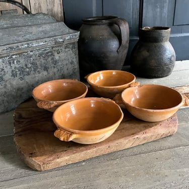 1 French Ochre Glaze Pottery Bowl, Provence Pottery, Handles, Miniature Single Serve, Baking, French Farmhouse, Farm Table 