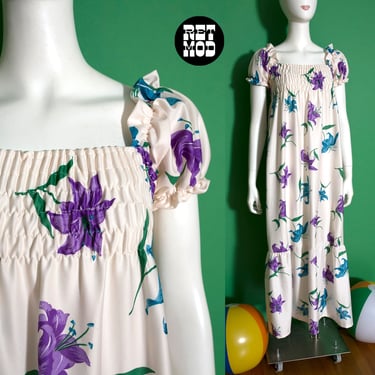 Lovely Vintage 70s Blue & Purple Lily Flower Patterned Maxi Dress with Puff Sleeves 