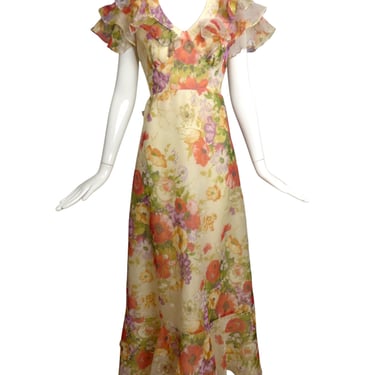 1970s Floral Print Organza Gown, Size 6