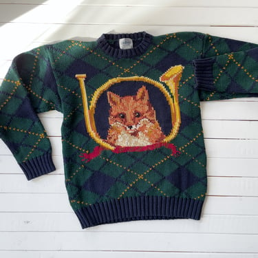 Christmas sweater 80s 90s vintage Miller's Sportific red fox green argyle plaid sweater 