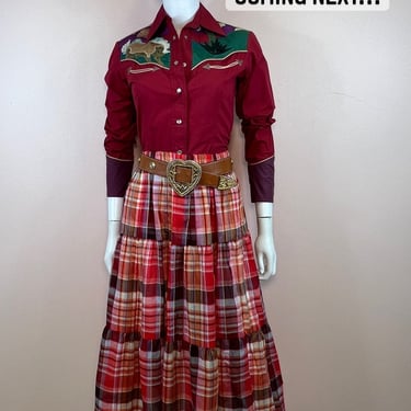 Vtg 1980s plaid tiered western midi skirt 