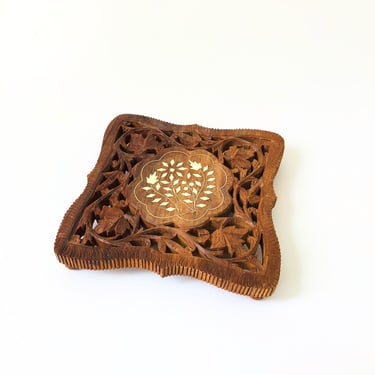 Vintage Carved Wood Trivet with Stone Inlay 