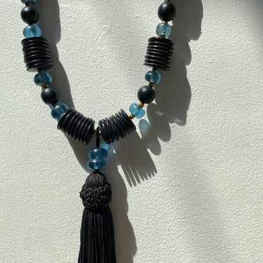 vintage blue and black beaded tassel necklace 