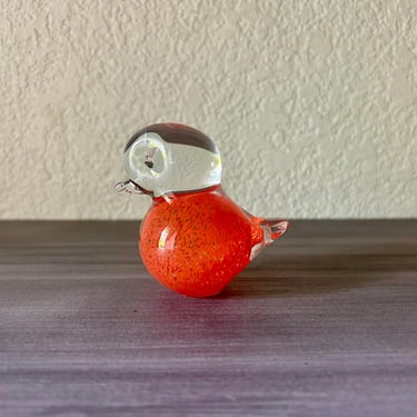 Vintage Swedish Orange Confetti & Clear Art Glass Bird Figurine, Konstglas Bird Collectible 