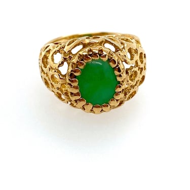 Vintage 14k Yellow Gold Green Jade Ring Sz 5.25 Intricate Domed Cage Setting 