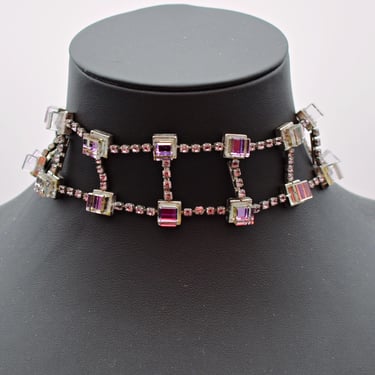 90's Daniel Swarovski pink crystal silver plate ladder collar, dimensional bling choker necklace 