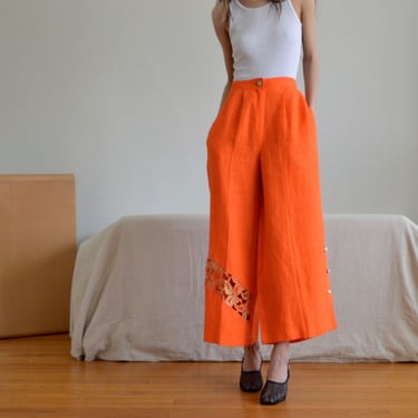orange linen wide leg pleat trouser with gold lace cut out / 28w 