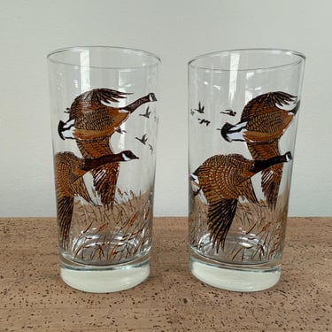 Libbey Glass Outdoor Life (2) Highballs Hi-Balls Glasses | Canada Goose Geese | 1970s 