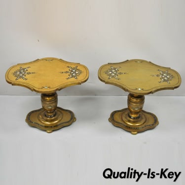 Mediterranean Gold Leaf Low Pedestal Side Tables Mother of Pearl Inlay - a Pair