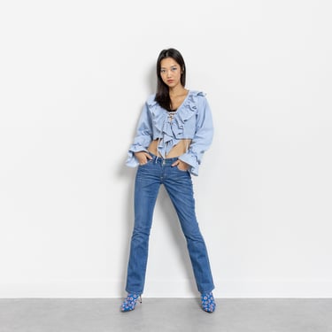 WRANGLER LOW RISE Y2K Jeans vintage women 2000's Denim low waist flares Blue Fading / 35 36 Inch Hips / Size 2 