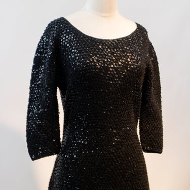 1960s Black Knit Sequin Wiggle Cocktail Dress