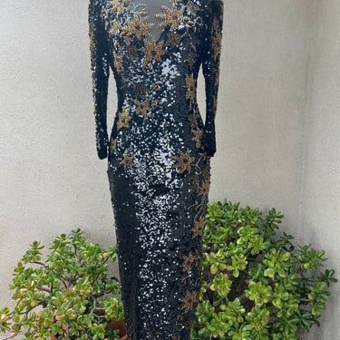 Vintage Sho Max gorgeous beaded sequins dress black bronze floral Sz M 