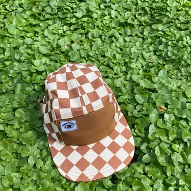 Handmade 5 Panel Camp Hat, Terra Cotta and Natural Plaid Check Baseball Cap, moldable brim and snapback hat, gift for them, sun hat 