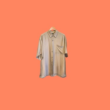 Beige Silk Shirt, Oversized Vintage 90s Blouse, Short Sleeve Pocket Front Button Up Collared Shirt, Simple Plain Loose Fit Earth Tone Top 