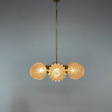 1960's Brass & Glass Chandelier by Kamenicky Senov Glassworks, 2 pieces available / Sputnik / Czech Glass Chandelier / Pressed Glass 