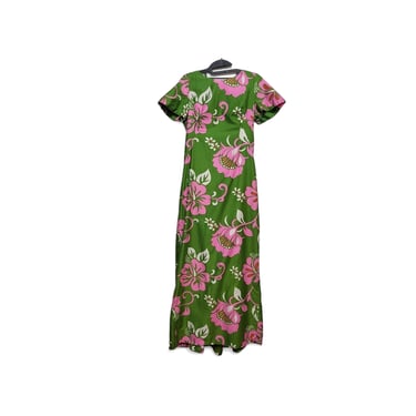 1960s Vintage Kamehameha Hawaiian Dress, Floral Pake Muu Long Maxi, Polynesian Chinese Muumuu, Watteau Waterfall Pleated Back Draping, Pinup 