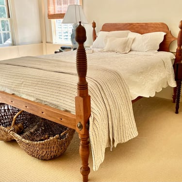 Acorn & Beehive Bed in Birch, Original Posts ~ Circa 1830, Resized to Queen with Queen Anne Style Headboard